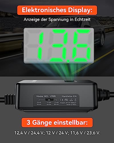 VANTRUE USB-C Display Hardwire Kit mit 3 Stufen, Acc Kabel für Dashcam, 11.6/23.6V, 12/24V, 12.4/24.4V zu 5V, Sicherungshalter mit Niederspannungsschutz, 24Std. Parkmodus