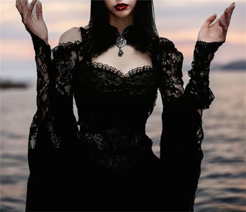 Image of Goth Bolero Shrug Women Lace Sheer Mesh Gothic Flare Sleeve Emo