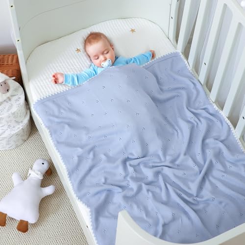 Image of Baby Blanket Knit Ultra Soft Swaddle Receiving Blankets for Boys & Girls Cotton Knitted Newborn Infant Toddler Nursery Crib 30 x 40 Inch