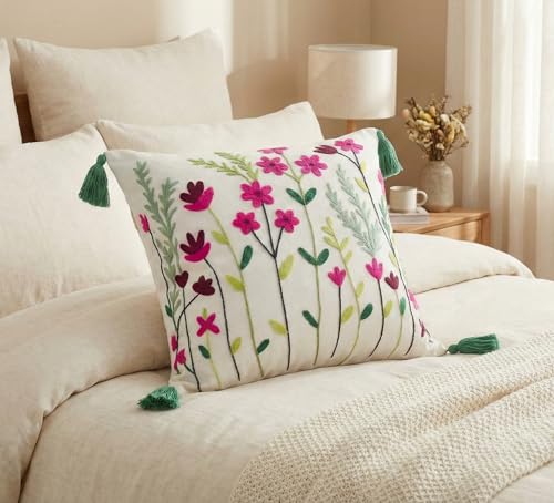 Image of Furnistitchs Handmade Cotton Bohemian Home Decor Cushion Cover 24x24 inches / 60x60 cms - Boho Chic Couch Sofa Throw Living Room Bedroom Cushions (1, Wildflowers)