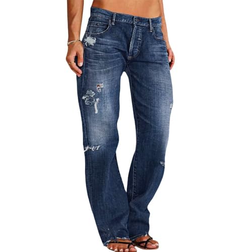 Akivide Women's Loose Baggy Straight Leg Stretchy Ripped Jeans Trendy Causal Boyfriend Distressed Denim Pants