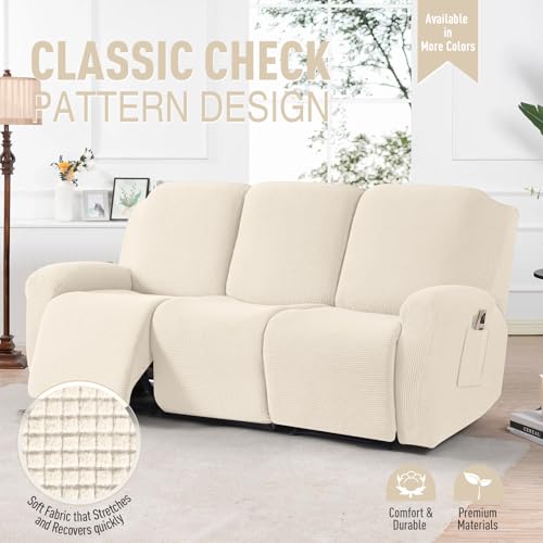 Image of TAOCOCO Recliner Sofa Covers 8-Pieces Stretch Large Couch Covers for 3 Seats Reclining Slipcovers Soft Jacquard Pattern Furniture Protector (Beige)