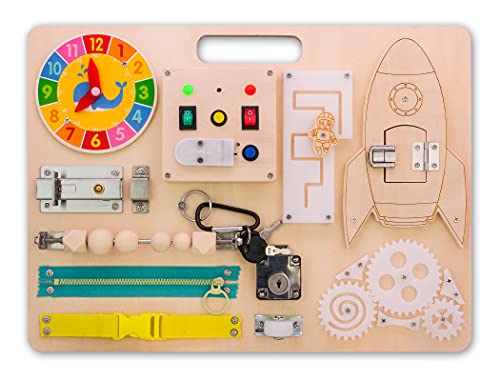 Blevla Busy Board for Toddlers 1-3 - Wooden Sensory Baby Activity Montessori Light Switch Toy - Kid's Educational Toys