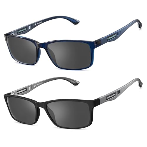 CARA Full Lens Reading Sunglasses for Men with UV400 Protection Outdoors Dark Lens Sun Readers Extremely Lightweight TR90 Frame with Gray Tinted Lens(Black+Blue +2.00)