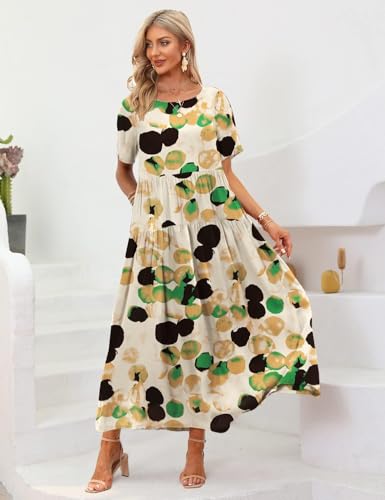 Image of YESNO Women Casual Loose Bohemian Floral Dress with Pockets Short Sleeve Long Maxi Summer Beach Swing Dress EJF