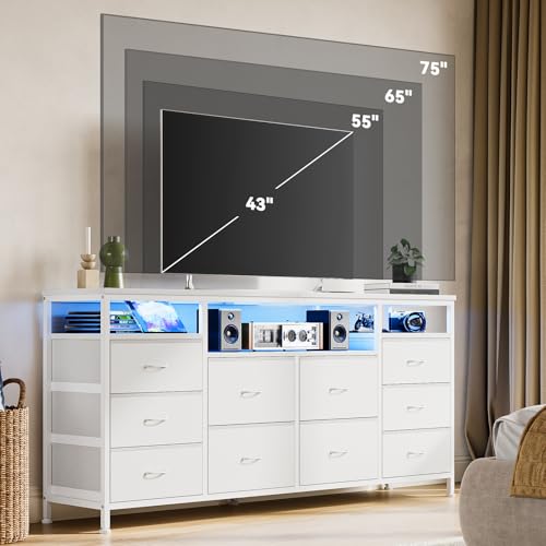 63.3 Inch Dresser for Bedroom, 10 Drawer Dresser Tv Stand for 65 70 75 Inch Tv, Fabric Chest of Drawers with Led Lights & Power Outlets, Long Entertainment Center for Closet, Living Room (White PU)