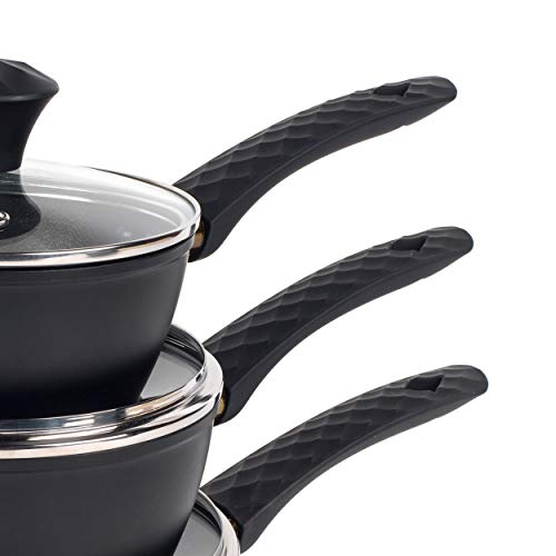 Salter BW07522 Diamond Edition Non-Stick, Forged Aluminium Saucepan Set with Glass Lids, 16/18/20 cm, Set of 3, Black/Gold, 16 x 43.5 x 28 cm 4 Gallery Image