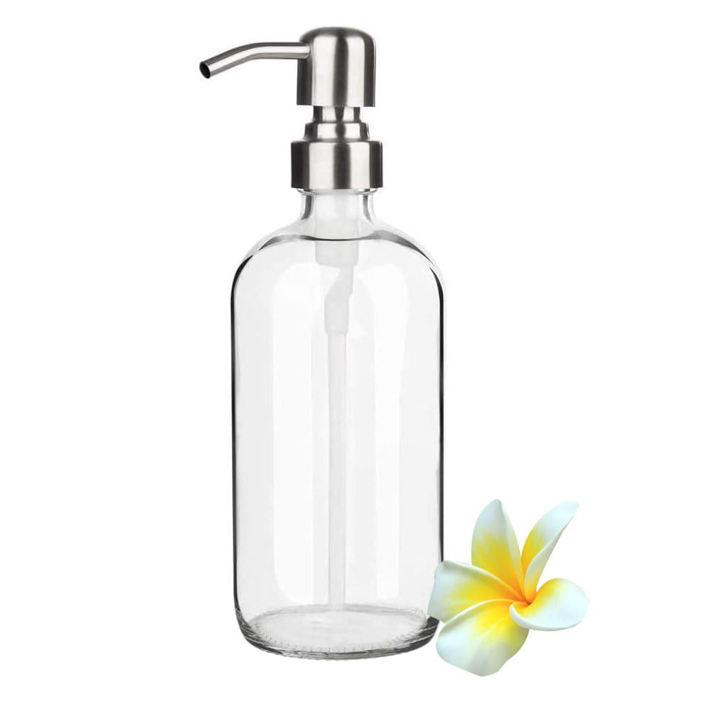SHUNCHG 17 Ounce/ 500 ML Clear Glass Soap Dispenser with Stainless Steel Pump Refillable Liquid Hand Soap Dispenser Lotion Round Bottle Container for Kitchen, Bathroom, 1 Pack