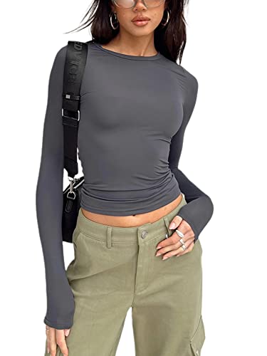Pull basique à manches longues et col rond pour femme, gris, S Cover