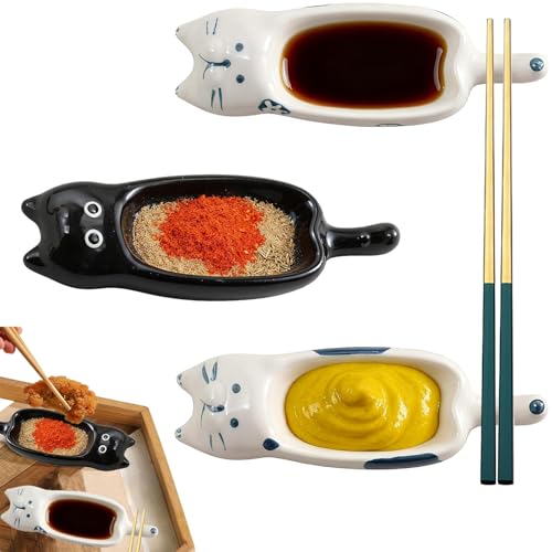 HSYTEK 3 cuencos para salsas, 13 x 4,2 cm, forma de gato, mini cuencos de cerámica, apilables, pequeños para ketchup, mostaza, salsa de soja, vinagre (blanco)