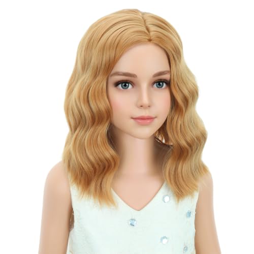 Image of PATTNIUM Strawberry Blonde Wig for Kids Child Short Curly Wavy Blonde Brown Wig Girl Side Part Shoulder Length Hair Synhhetic Wig