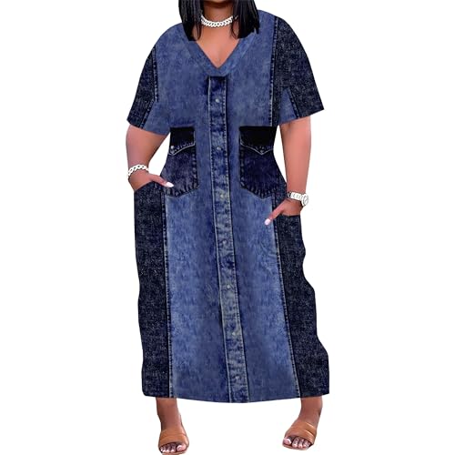Image of SUZONANA Plus Size Denim Print Shirt Maxi Dresses for Curvy Women Casual Blue Jean Summer Outfits Long Short Sleeve Dress with Pockets Patchwork 5XL