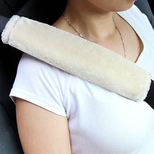Amooca Soft Faux Sheepskin Seat Belt Shoulder Pad for a More Comfortable Driving, Compatible with Adults Youth Kids - Car, Truck, SUV, Airplane,Carmera Backpack Straps 2 Packs Beige