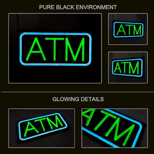 Image of ATM Neon Sign, Small Size, 12 inchx6 inch, USB Powered, 9 Levels of Brightness, Signboards for Convenience Store, Gas Station, Liquor Shop, Mini Market, Wall Window Decor for Storefront (Green, Black Acrylic)