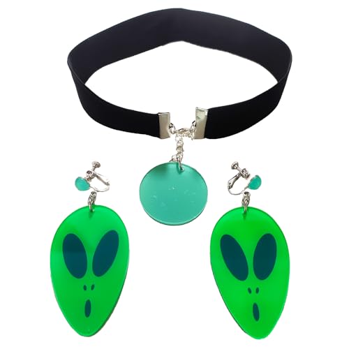 Momo Cosplay Ear Clip Green Alien Pattern Circular Earrings and Black Choker Costume Accessory Adult Unisex for Party Halloween Christmas