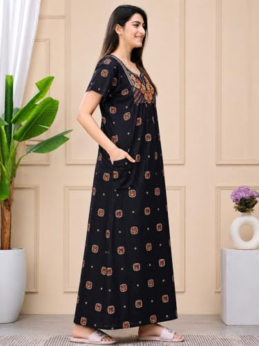 Image of Women's Pure Cotton Maxi Nighty, Jaipuri Embroidery Print, Short Sleeve Night Gown with Pocket