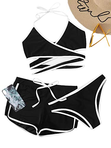 SweatyRocks Women's Three Piece Swimsuit Leaf Print Wrap Halter Top with Shorts Bikini Set3