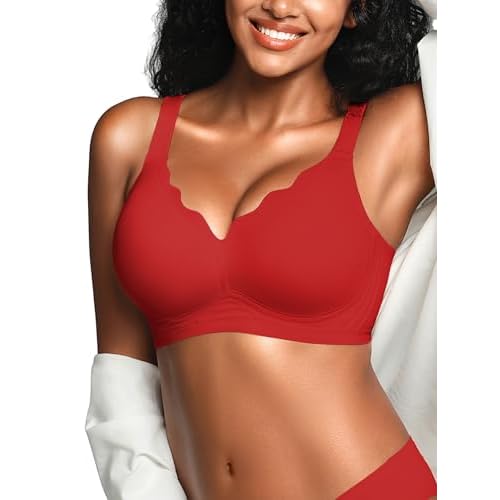 Wireless Jelly Bras for Women No Underwire with Support - S-2XL Seamless Bralettes Everyday Comfort Tshirt Padded Bra Red Small