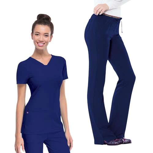 HeartSoul Break on Through Women Scrubs Set Shaped V-Neck Top 20710 & Drawstring Pant 20110 (Galaxy Blue L/XL)