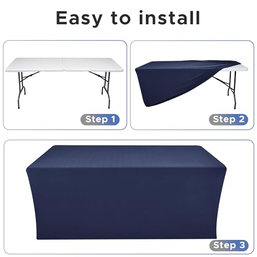 Image of Rectangle Spandex Fitted Tablecloths For Vendor 2 Pcs 72X30 Inch Navy | Wrinkle Resistant Table Covers Protector for 6 Foot Folding Table, Vendor Booths, Parties, Craft Show, Trade Show