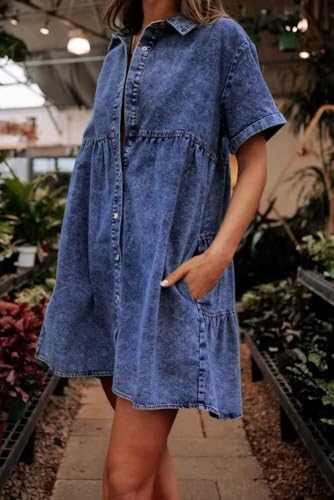 Image of Women's Denim Dress for Women Cute Blue Babydoll Denim Shirt Dress Denim Dress with Pockets