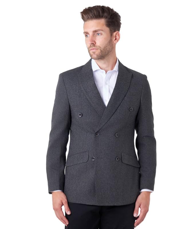 XposedCalix Mens Classic Double Breasted Jacket Wool Mix Herringbone Tweed Retro Tailored Fit Blazer