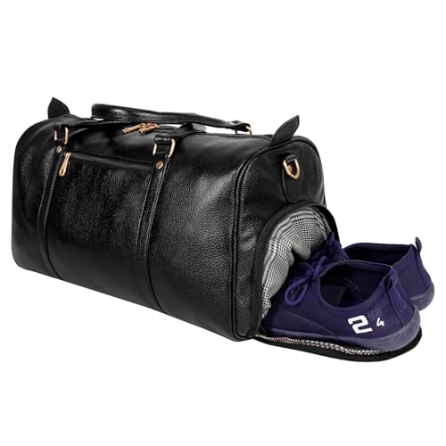 Image of HYATT Leather Accessories Weekender Travel Duffle Bag with Separate Shoe /Laundry Compartment for Men & Women Made of Natural Dry-Milled Leather (Black)