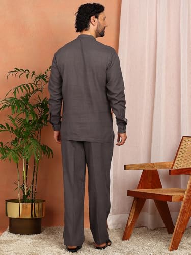 Image of See Designs Men's Full Sleeve Mandarin Collar Linen Solid Pathani Set