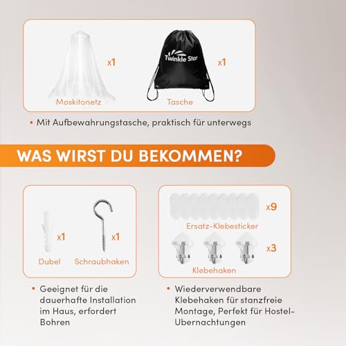 Twinkle Star Moskitonetz Reise mit Reisetasche und Selbstklebender Deckenhaken, Moskitonetz Outdoor Betthimmel für Zuhause und Reisen extra… – Ansicht 3