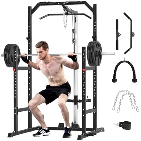 Power Cage, Multi-Function Power Rack with Pulley System Strength Training for Home Gym, Bench Press Squat LAT Pull-Down Pull-up Rowing, All in One Workout Cage (Black) Cover