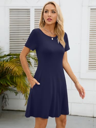 Image of KORSIS Summer Women's Dress Casual T-Shirt Short Sleeve Dresses Swing Flowy Beach Vacation Work Sundress with Pockets