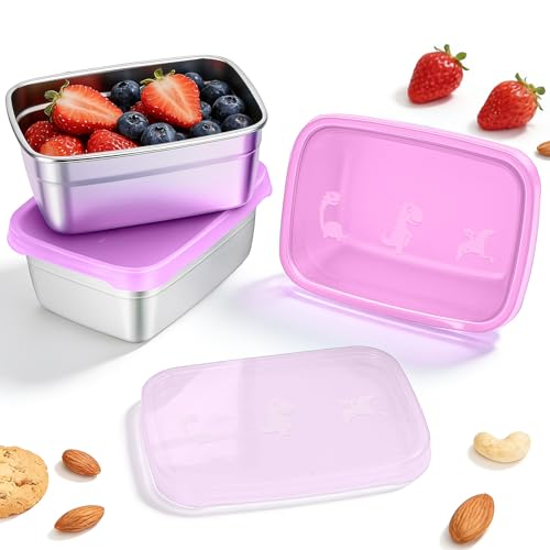 Image of Tanjiae 3-Pack Stainless Steel Snack Containers for Kids & Toddlers - 550ml (18oz) Leakproof Colorful Lids with Cute Dinosaurs | LFGB Certified, Stackable Metal Lunch Box for Daycare, School, Travel