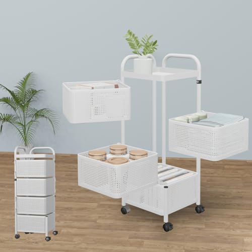 Absdefen キッチンワゴン 収納ワゴン 収納カート 調味料ラック 回転式 5段/4段 移動式 小物収納 バスケットラック キッチン収納カート 回転サイドラック キャスター付き メッシュ 組立簡単 キッチン 台所 洗面所 リビング 子供部屋 美容室 (