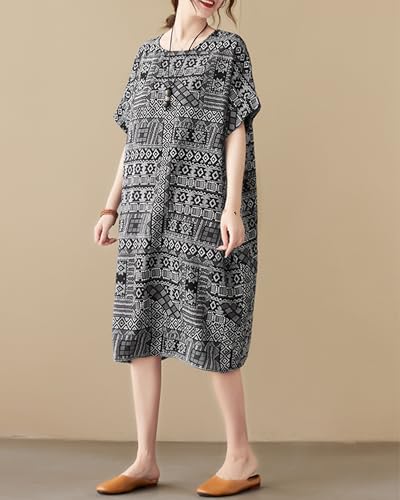 Image of LUZU JUNU Women's Summer Baggy Plus Size Loose Cotton Linen Long Boho Beach Dress with Pockets