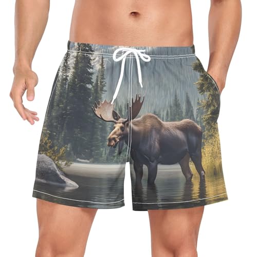 Mens Swim Trunks with Liner, Lake Moose Landscape Cool Quick Dry Beach Swim Shorts, Swimwear Bathing Suits S