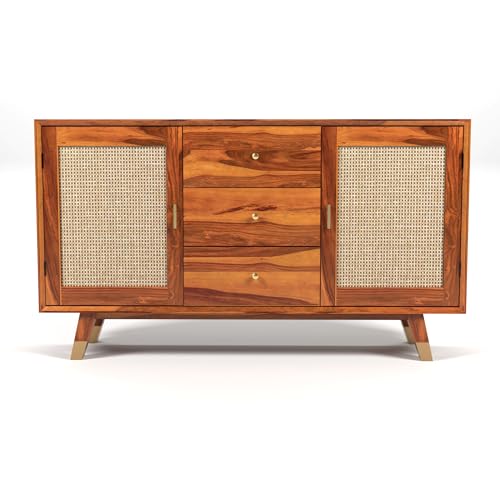 Image of Solid Sheesham Wood Wooden Sideboard Storage Cabinet : Ideal for Living Room and Bedroom with 3 Drawers and 4-Shelf Storage (Iriana, Honey Finish)