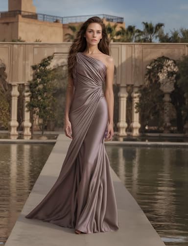 Women's Champagne Satin One-Shoulder Evening Gown,Elegant Fit and Flare Formal Dress for Weddings, Parties, Prom4