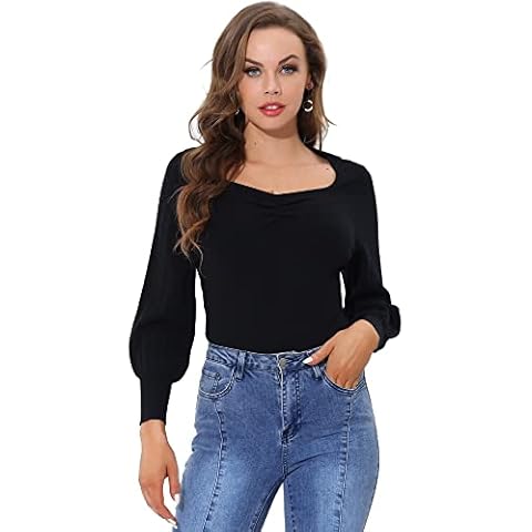 Allegra K Sudadera de punto acanalado con cuello corazón y manga de linterna para mujer Cover