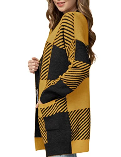 Merokeety Womens Plaid Long Sleeve Open Front Cardigan Knit Sweater Coat, Yellow, S #TOP3