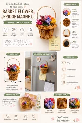 Image of Miniature Basket Flower Fridge Magnet for Refrigerator | Cute & Stylish Kitchen Decor Magnet | Decorative Refrigerator Accessories