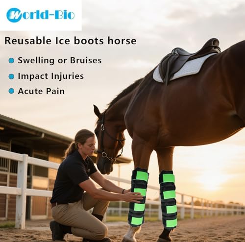 Image of WORLD-BIO Horse Ice Boots Set of 2 /Horse Ice Pack for Injuries, Therapy Full Leg Ice Boot Cold Pack with Flexible Straps for Hock, Ankle, Knee, Legs and Hooves, 16.9'' x 16.1'' Green