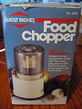 West Bend Food Chopper 6501 showing the main unit with its chopping blade and transparent container.