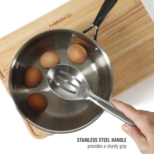Image of Calphalon Prime Slotted Spoon Skimmer, Stainless Steel Straining Spoon, Heavy-Gauge Heat-Resistant Kitchen Spoon for Draining, Cooking & Serving, Weighted Handle for Control