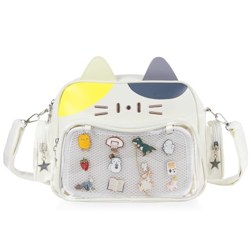 XINMAN Mini Backpack Pin Display - Cute Cat Ita Bag Backpack, Kawaii Crossbody Purse with Clear Window for Pins, Perfect for School Cosplay Travel, Tricolor 12.2 inch