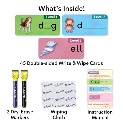 Image of Skillmatics Spell Smarter - Phonics & Spelling Write and Wipe Flashcards, Learn to Read with CVC Words, Blends & Digraphs, Preschool Kindergarten Homeschool Activity, Gift for Kids Ages 4, 5, 6, 7