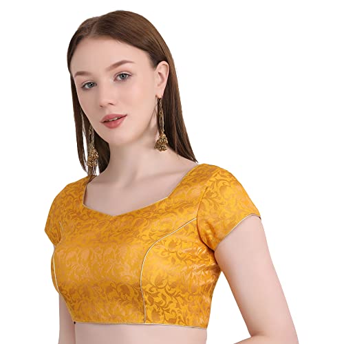 Image of Women's Short Sleeve Brocade (Chanderi) Readymade Stitched Saree Blouse Ready to Wear Half Sleeves Ladies Blouse