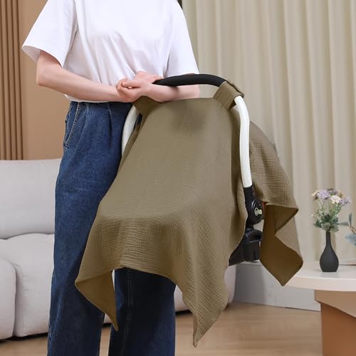 Image of 100% Muslin Cotton Car Seat Cover Baby, Carseat Canopy Cover, Universal Fit Stroller Covers for Boys and Girls (Coffee)