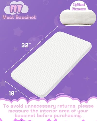 Image of WELLZEE Rectangle Bassinet Mattress 32 inchx18 inch, fit for RONBEI /Ingenuity /Cuddor Baby Bassinet, Made with 100% Breathable & Washable Cover, Ultra Supportive Foam, Water Resistant Lining