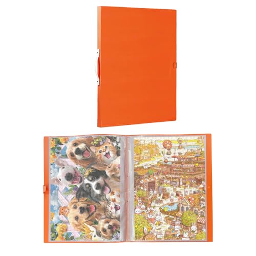 1000 Pieces Puzzle Storage Folder with Metal Ring, Keeper for Jigsaw Enthusiasts Puzzle Space-Saving Organizer Accessories for Adults Holds 16 Puzzles, HD Film Pockets (Orange)