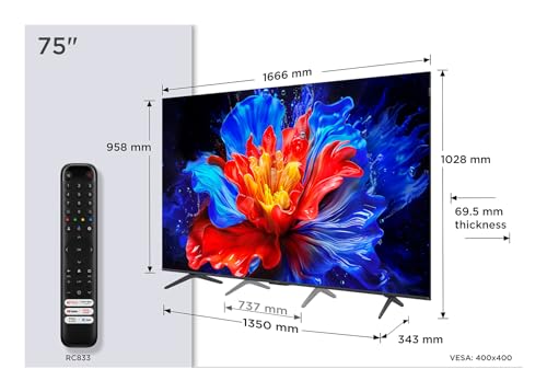 TCL 75P8K 75 Zoll QLED 4K HDR UHD Fernseher, Smart Google TV (Dolby Vision & Atmos, 144Hz Motion Clarity Pro, FreeSync, Onkyo 2.1 Sound, Sprachsteuerung, Kompatibel mit Google Assistant, Google Cast)